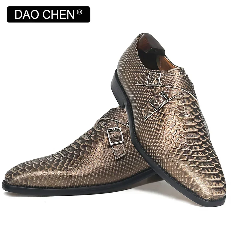 LUXURY BRAND MEN LOAFERS SHOES SNAKE PRINT LEATHER CASUAL DRESS SHOES BUCKLE STRAP SLIP ON OFFICE WEDDING MONK SHOES MEN