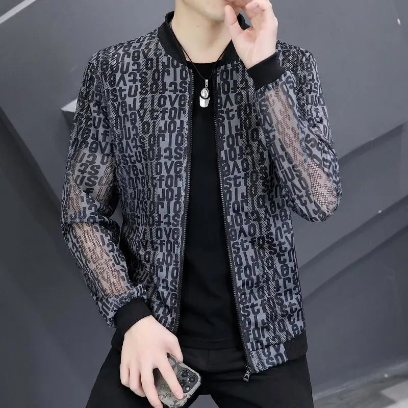 Spring Summer New Thin Style Sunscreen Clothing Man Fashion Printing Long Sleeve Cardigan Men Round Neck Zipper Hollow Out Coat