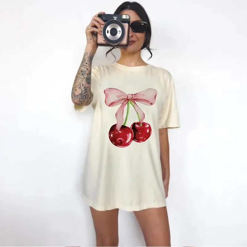 

4173-Cherry Summer New Cartoon T-shirts Harajuku Short Sleeve Loose OCasual Tops Women O Neck All Match Casual Tees