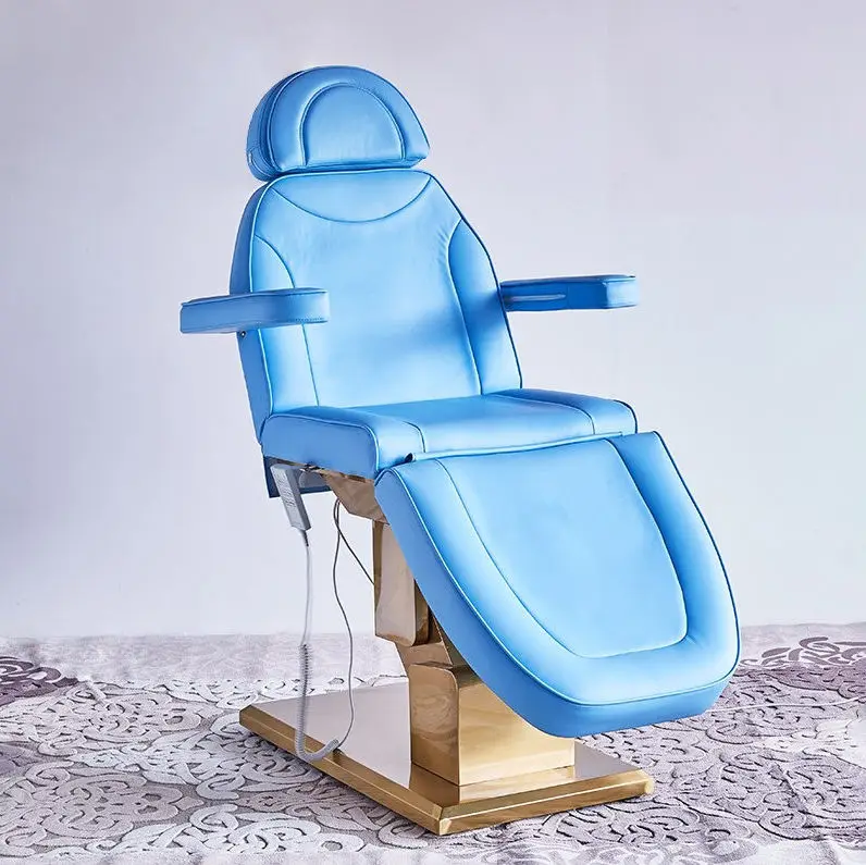 Modern Blue 3-Motor Electric Facial Massage Bed With Gold Stainless Steel Base For Beauty Salon