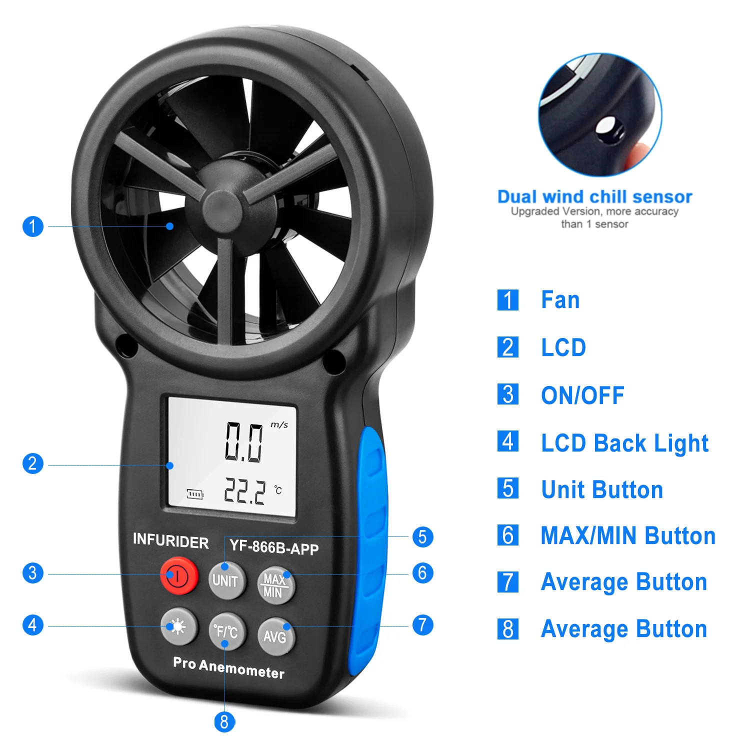 HoldPeak HP-866A/HP-866B/866B-APP Digital Anemometer Wind Speed Meter Measures Wind Temperature Wind flow with Data Hold & USB