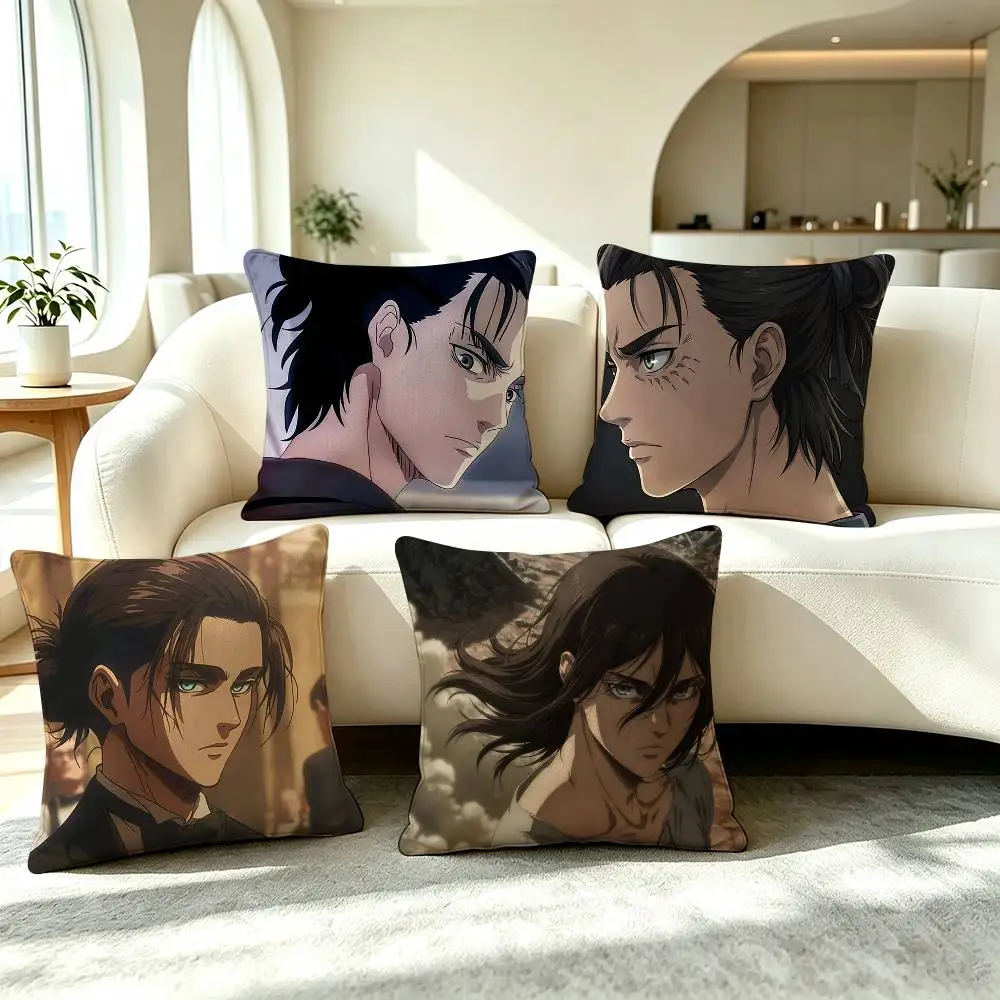 E-Eren Yeager Attack on Titan  Square Double-Sided printed Pillow Case Bedroom Bedside Pillow Sofa Cushion Cover