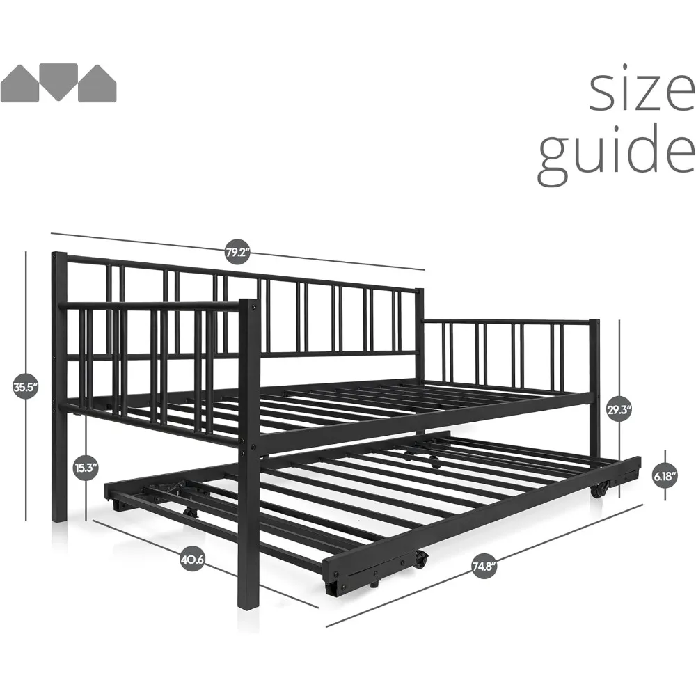 Milliard Twin Daybed with Backrest and Pop-Up Trundle Set, Modern Black Frame – Daybed with Trundle