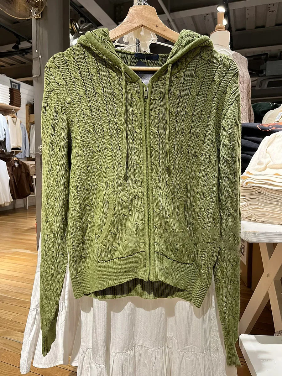 Sweet Green Twist Flower Sweater Cardigan Women Drawstring Hooded Zipper Long Sleeve Coat Spring Vintage Cute New Sweaters Tops