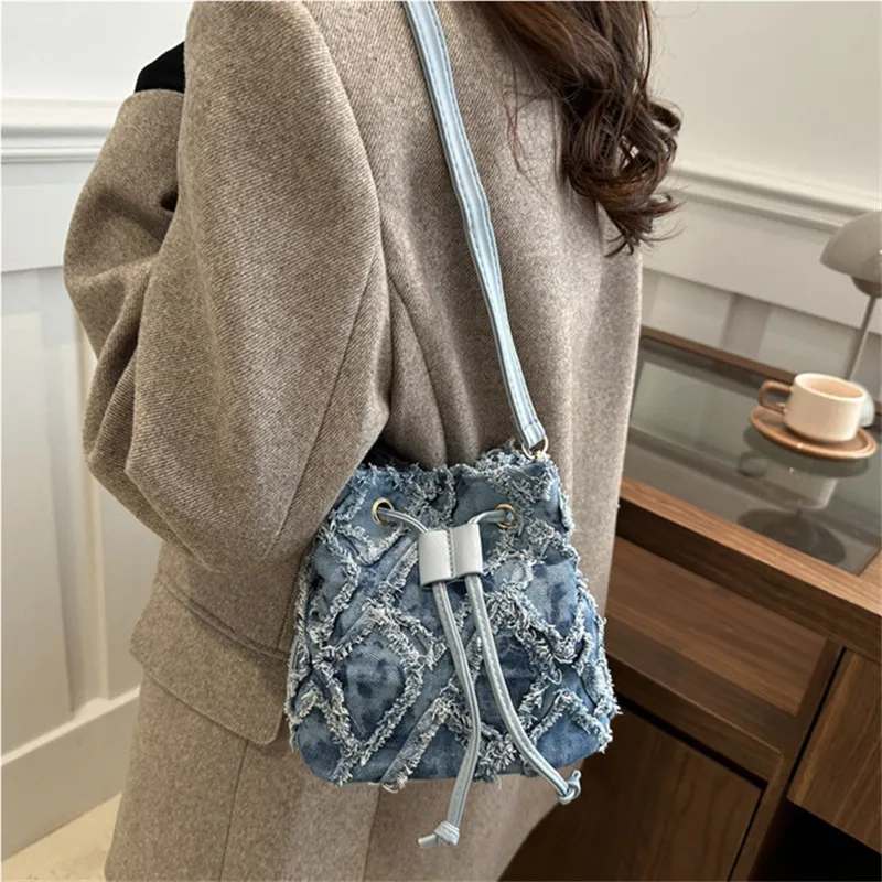 

Mini Bucket Style Denim Bags for Women Stylish Drawstring Bag, Chic Bucket Cell Phone Bag, Versatile Women's Shoulder Cross Bags