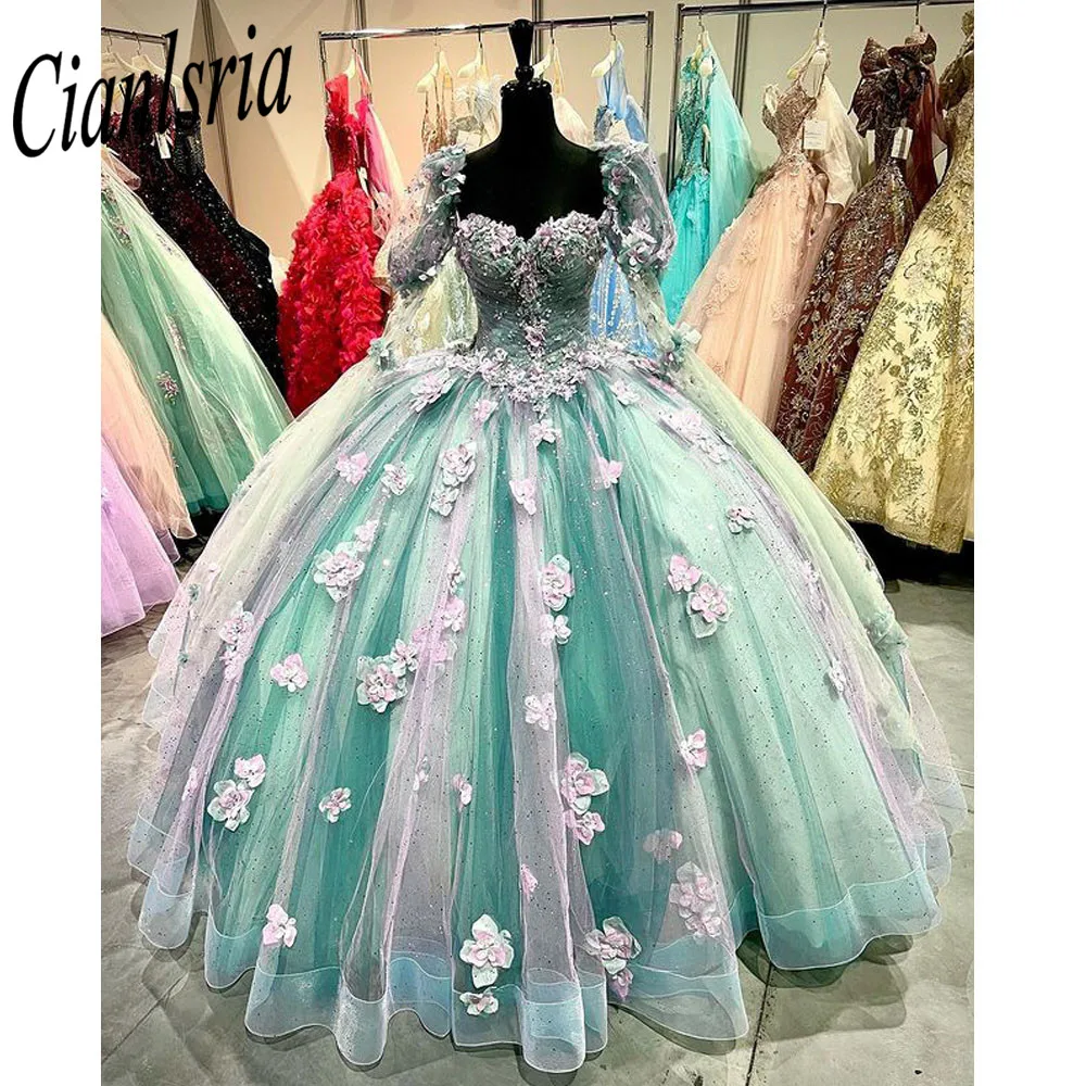 2022 Romantic Blush 3d Flowers Ball Gown Quinceanera Prom Dresses Caftan Beaded Lace Long Sweet 16 Dress Vestidos