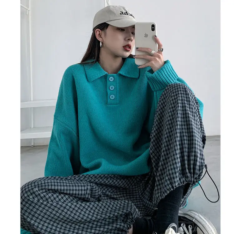 

Sweater Girls New Fashion 2023 Spring Korean Autumn LOOSE Turn-down Collar Full Vintage Solid Women Sweater High Quality