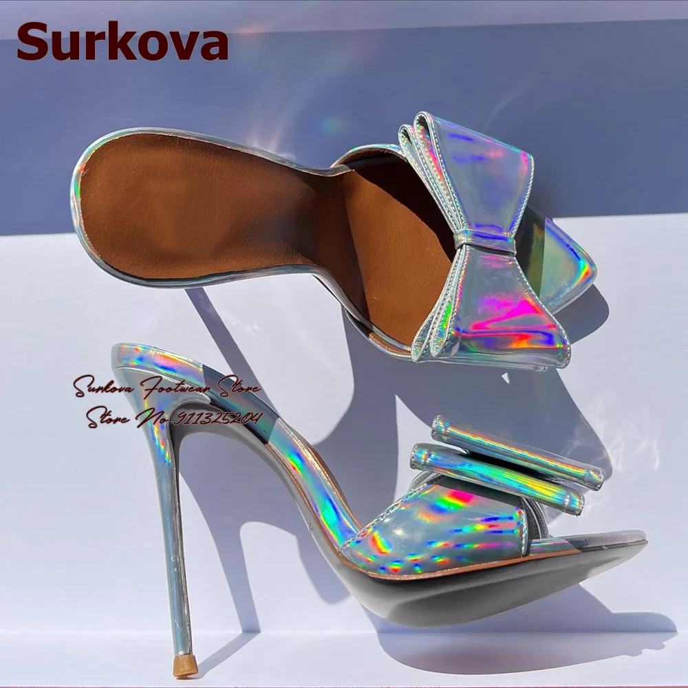 Surkova Silver Hologram Iridescent Sandals Patent Leather Big Bowtie Sharp Toe Modern High Heel Slippers Slip-on Dress Shoes