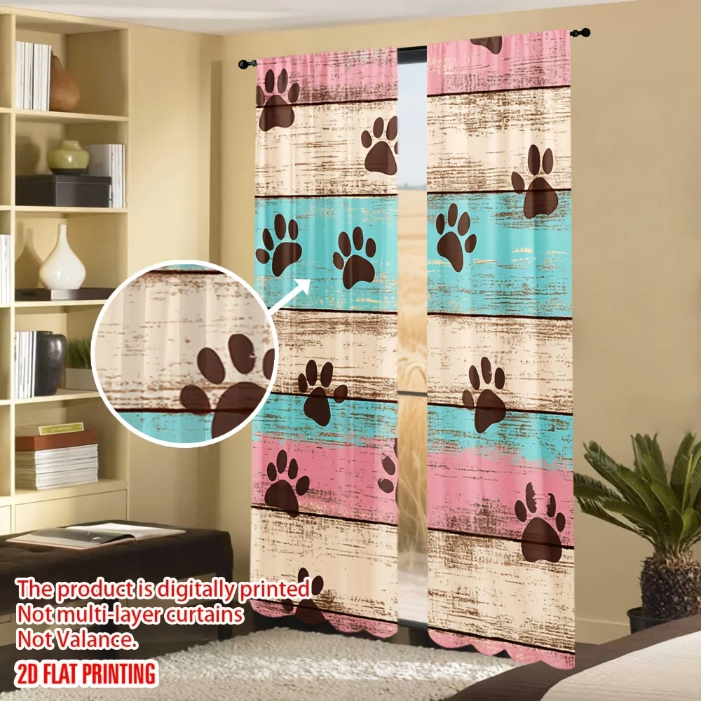Pet Dog Curtain Panels, Distressed Wood Board Dog Paw Footprint Pattern Drapes for Bedroom Farmhouse Home Window Decoration