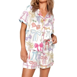 Women's Satin Pajama Set Lounge Sleepwear Lapel Neck Button Down Short Sleeve Tops and Elastic Waist Shorts 2 Pieces Underwear