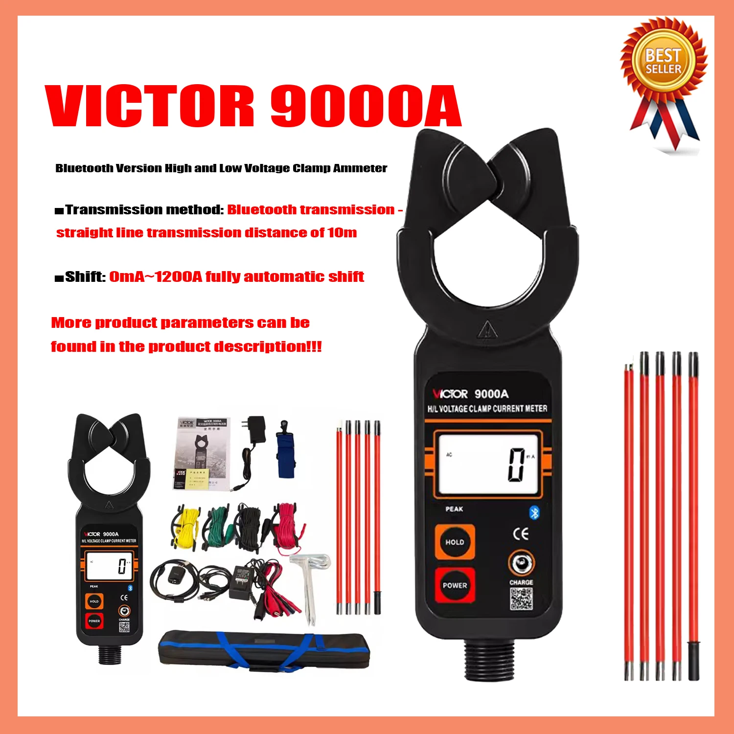 

VICTOR 9000A Bluetooth Version High&Low Voltage Clamp Ammeter 0mA~1200A Fully Automatic Shift,4-position LCD Display,Backlight