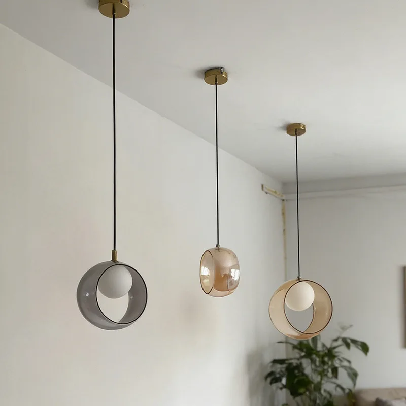 Creative Restaurant Glass Pendant Lamp Amber Smoke Gray Clear Colorful Ball Chandelier Light Bedside Dining Table Kitchen Decor