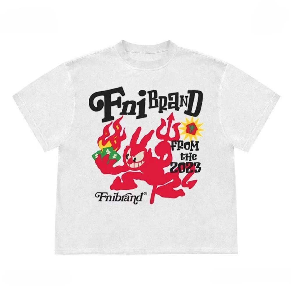 2025 الصيف والخريف الشيطان الصغير تي شيرت مطبوع فضفاض وغير رسمي قصيرة الأكمام الرجال والنساء ملابس رياضية