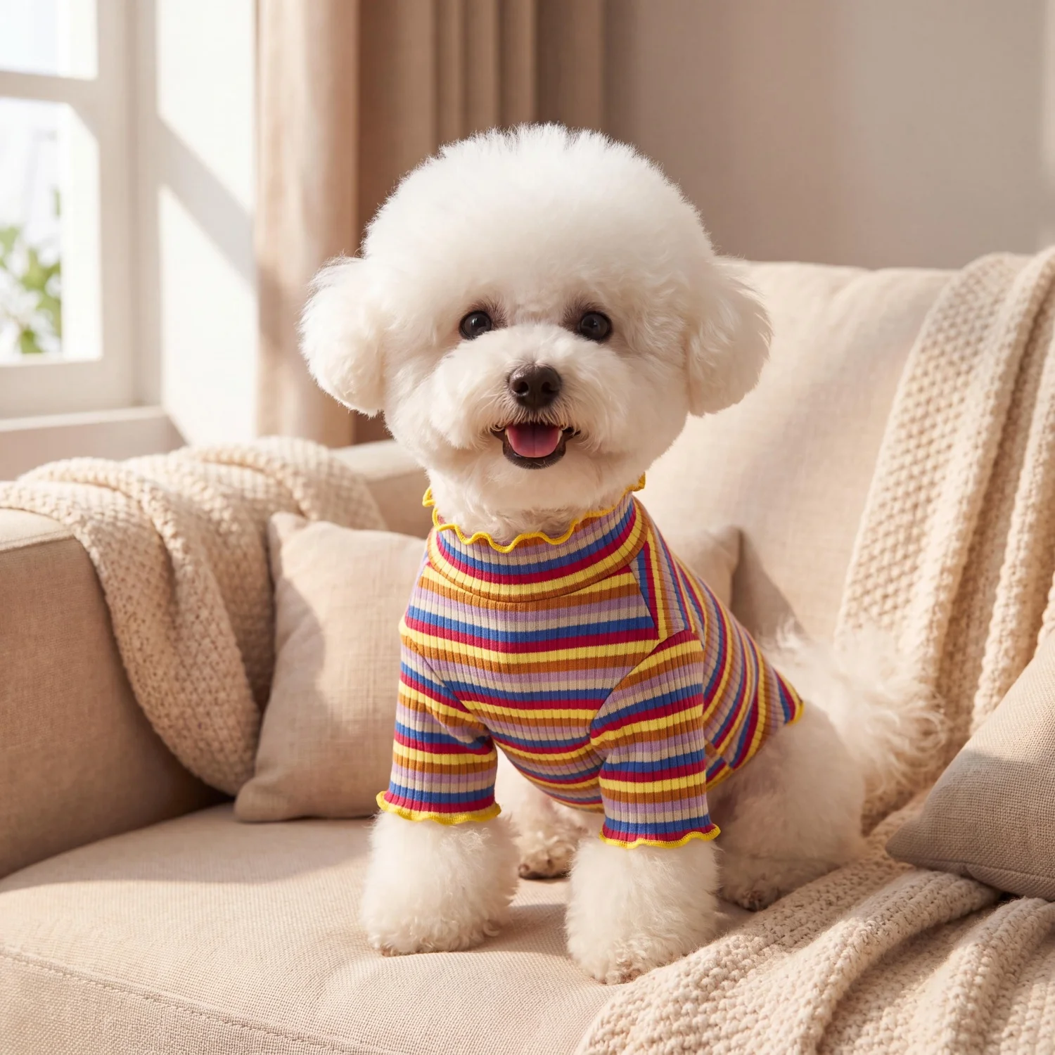 Gestreiftes Strick-Hundehemd mit niedlichem Bärenmotiv, Haustierkleidung, weiches geripptes Welpen-Outfit für Bichon Frise und Teddy. – Detail 10