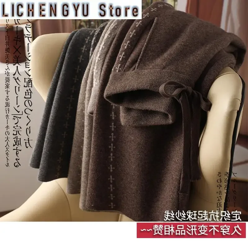 New High Quality Woollen Trousers Women's Fashionable All-Match Simple Thickened Wool Knitted Straight Wide-Leg Pants