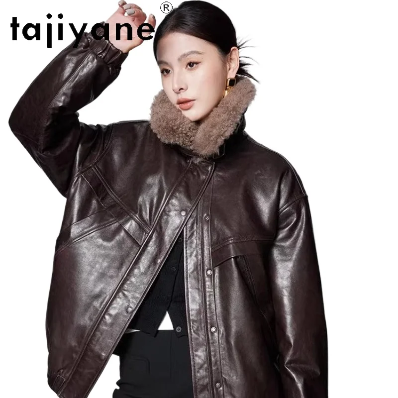 TAJIYANE Oil Wax Sheepskin Camel Down Coats Woman Cashmere Collar Coat Mid-Length Real Leather Jacket Winter Clothes 2025 шуба