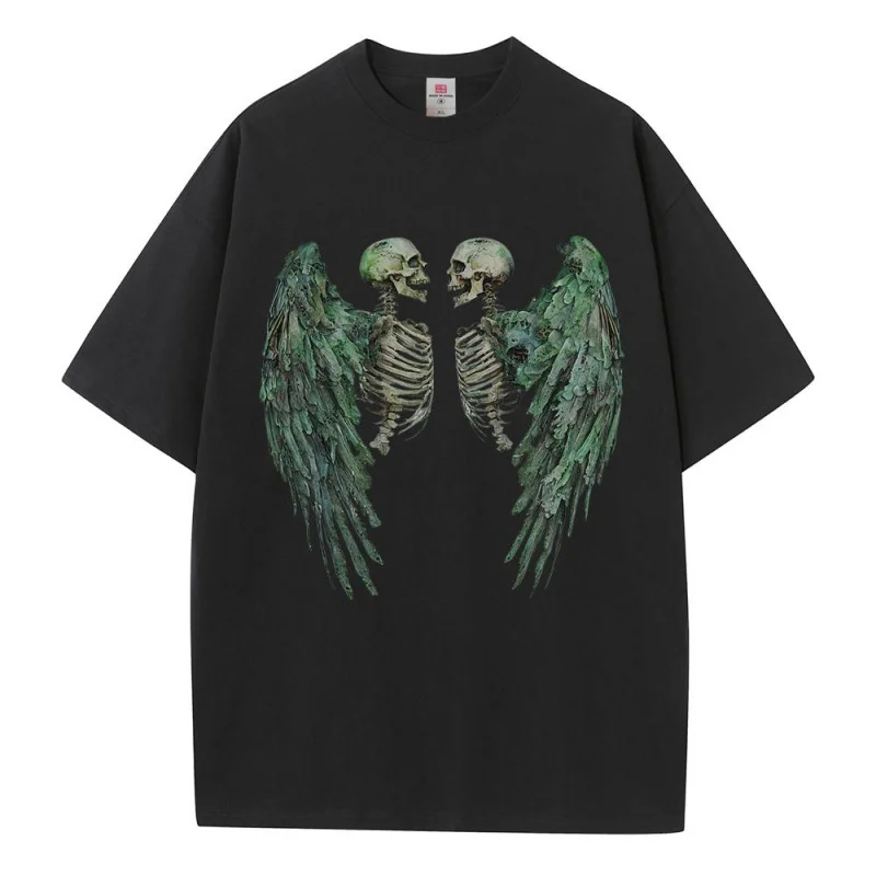 Graphic T Shirts Cotton Breathable Clothing Green Rotten Zombie Skull Wings Print Heavyweight Drop Shoulder Oversized T-Shirt