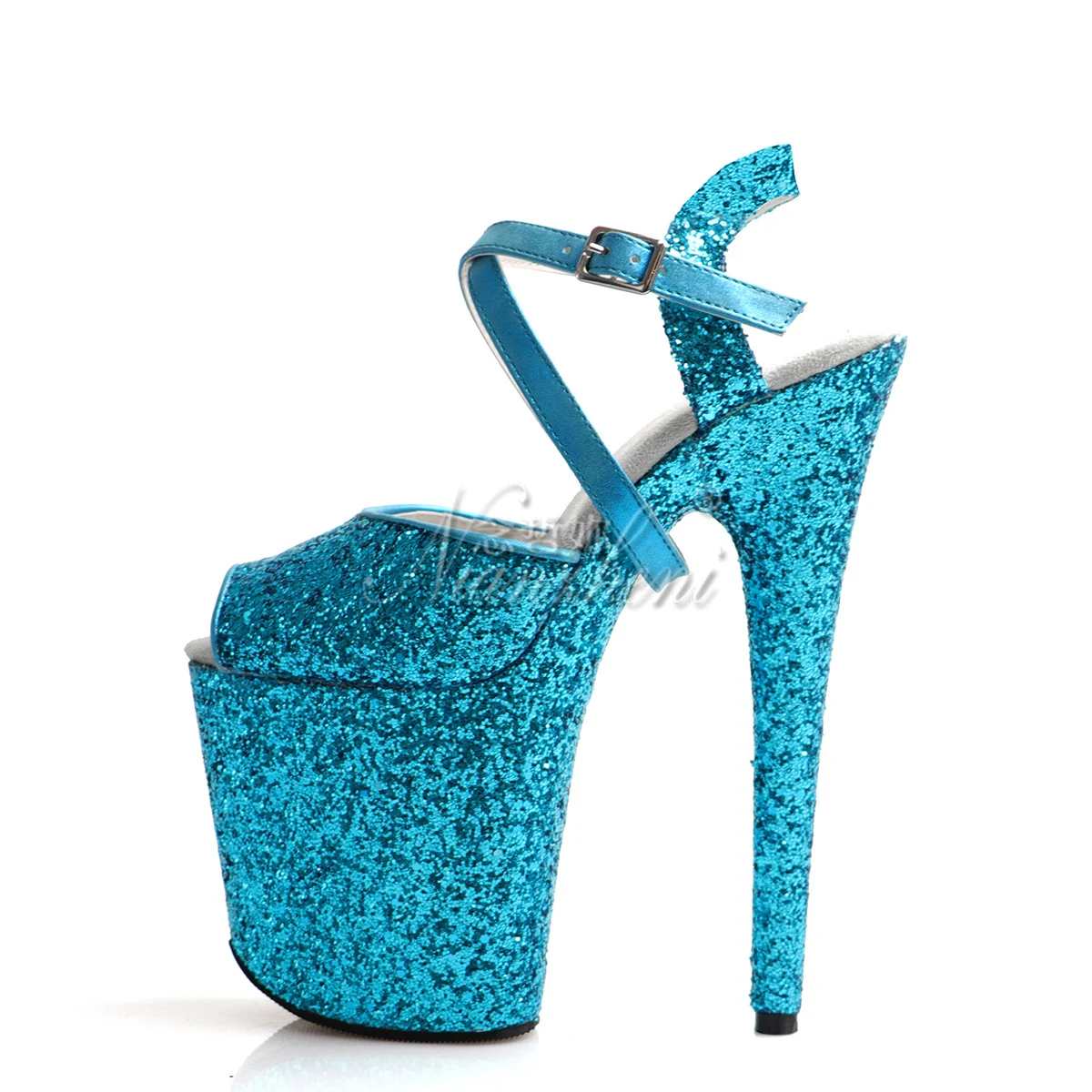 Crossdress Sexy scarpa gotica blu 20cm spogliarellista tacchi alti Peep Toe Pole Dance 8 pollici passerella piattaforma sandali Bling paillettes