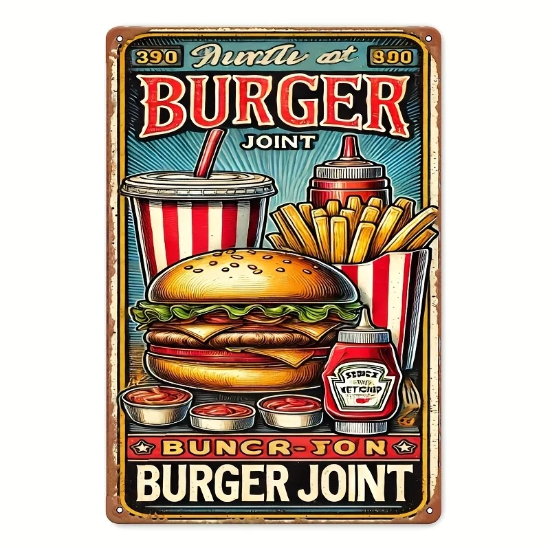 Arte de pared - Pintura en metal retro con diseño de hamburguesa, papas fritas y refresco, decoración, fácil instalación, para interiores y exteriores