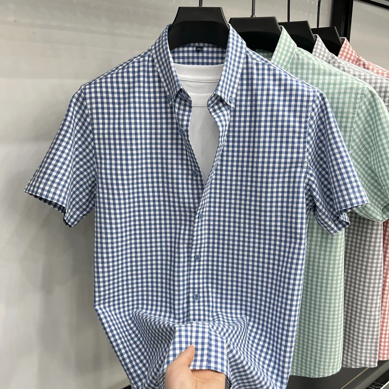 

Tencel Lyocell Men Clothes Summer Trendy Striped Cotton Business Shirt Short Sleeve Tops Single Breasted Lyocell Cotton Dresses