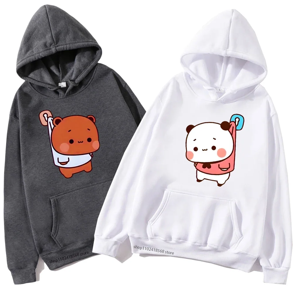 Cute Bubu and Duud Is Hanging In The Wall Funny Hoodie Panda and Brownie Bear Graphic Sweatshirt Men/Women Couple Clothes Unisex