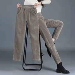 Fashion Versatile Corduroy Pants Autumn Winter Fleece Thick Solid Elastic Waist Pockets Patchwork Straight Loose Casual Trouser