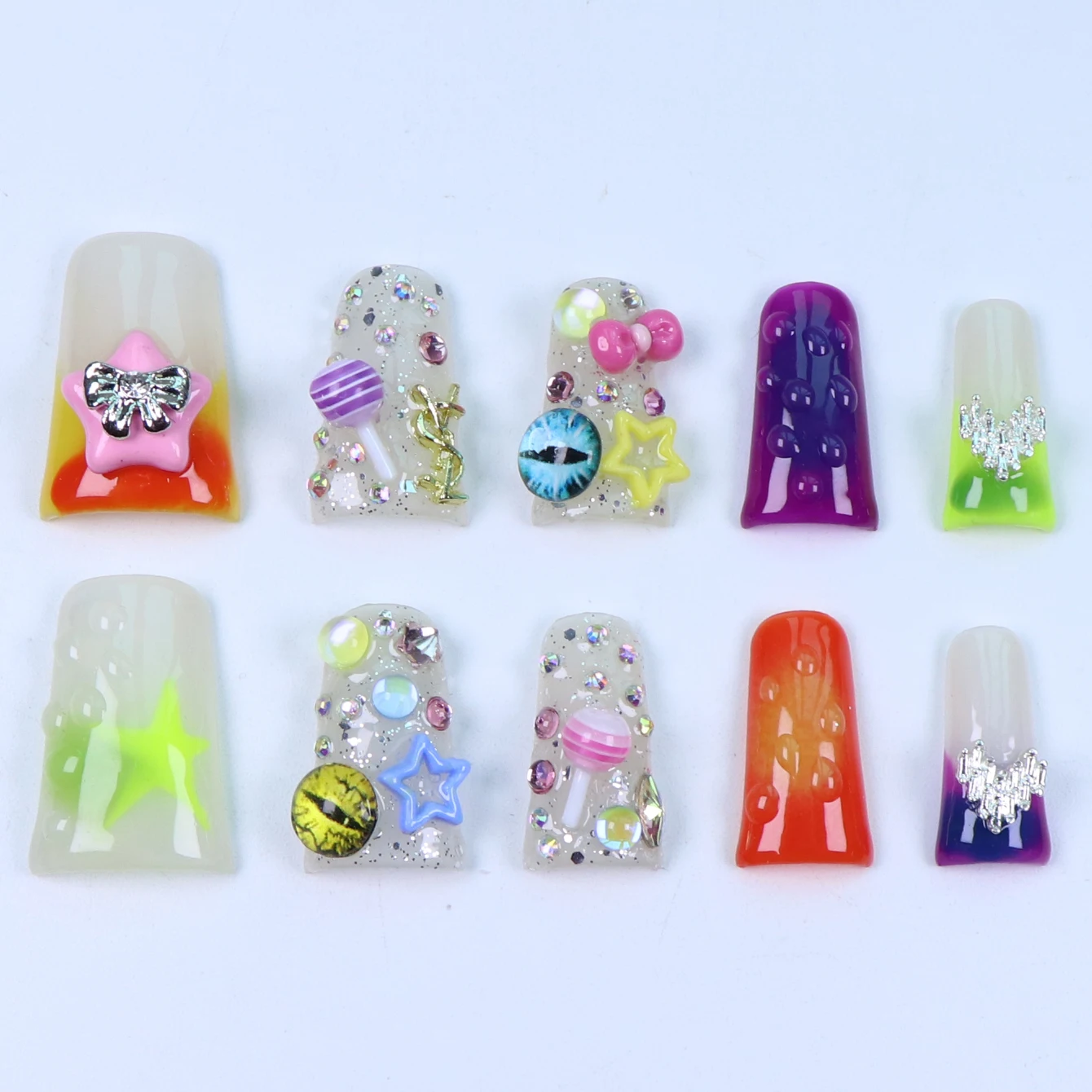 10PCS Handmade Press on Nails Duck Medium Length Artificial Nails with 3D Charm Designs for Women Size