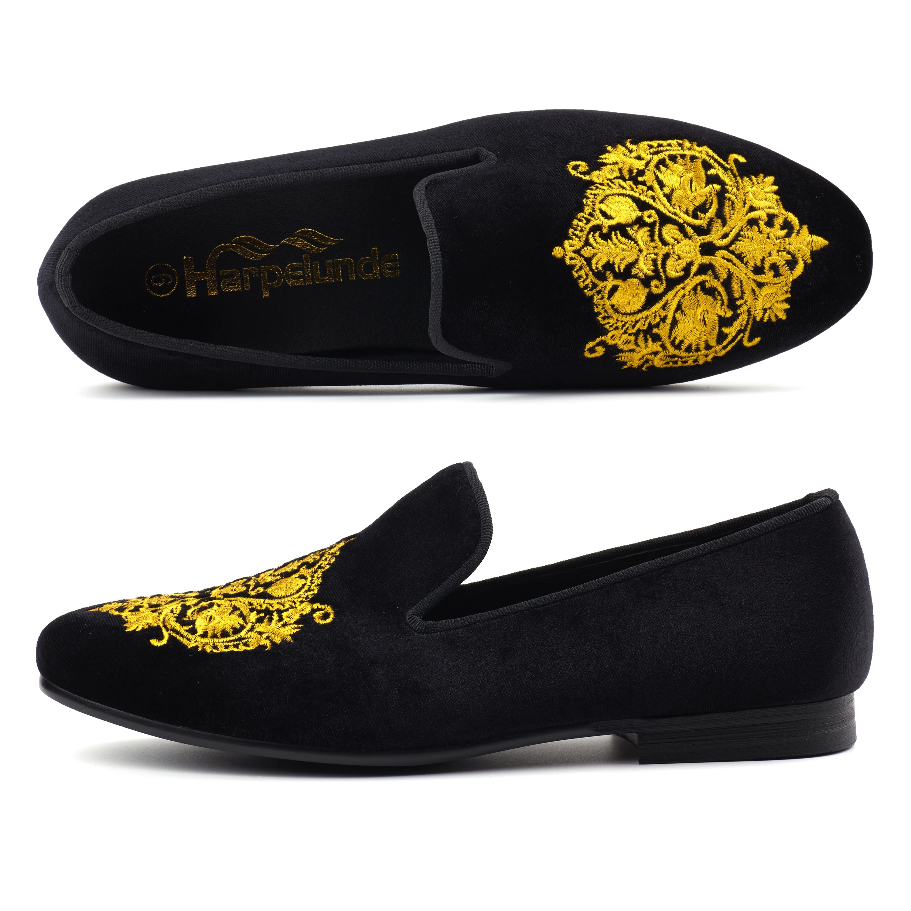 Men\'s Velvet Embroidered Loafers Black Formal Dress Shoes for Wedding Party & Back to School Premium Casual Luxury Footwear