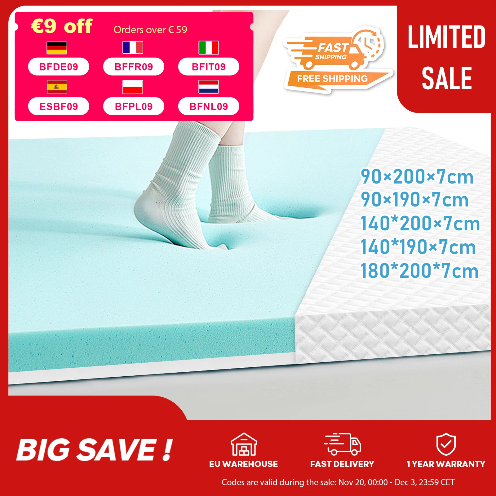 Coprimaterasso ROYGBIV con rivestimento in gel di durezza H2/H3 per comfort e scarico della pressione, copriletto 7 cm di altezza, versatile