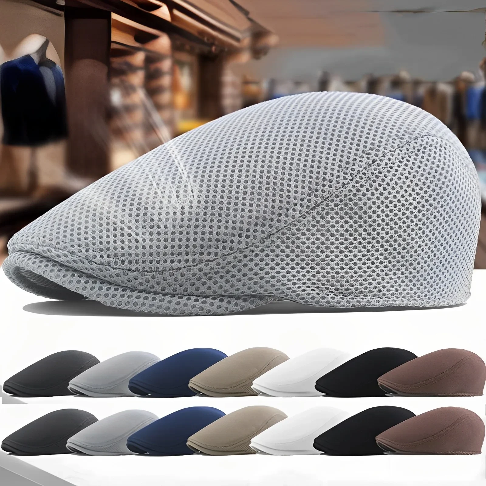 Men\'s Breathable Mesh Caps Women Casual Beret Hats Flat Cap Adjustable Flat Cap Style Gatsby Hat Peaked Summer Sun Hat