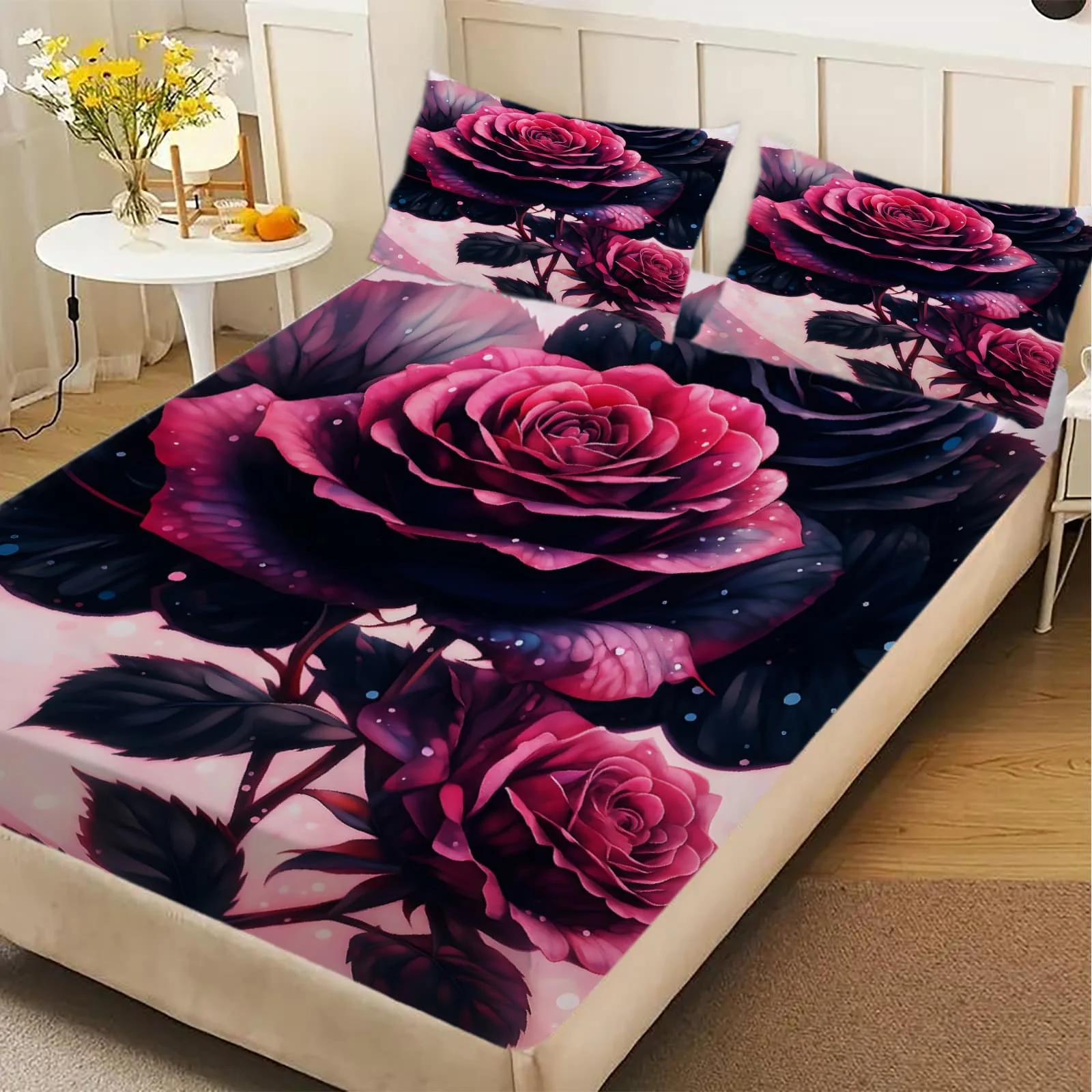 1pc Dark Fantasy Rose Print Fitted Sheet Deep Pocket Elastic Mattress Cover Single Double Queen King Bedroom Decor