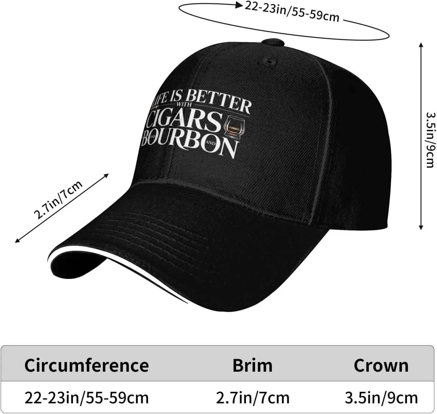 Life is Better with Cigars and Bourbon Baseball Cap Funny Gift Polyester Casual Adjustable Adult Headwear