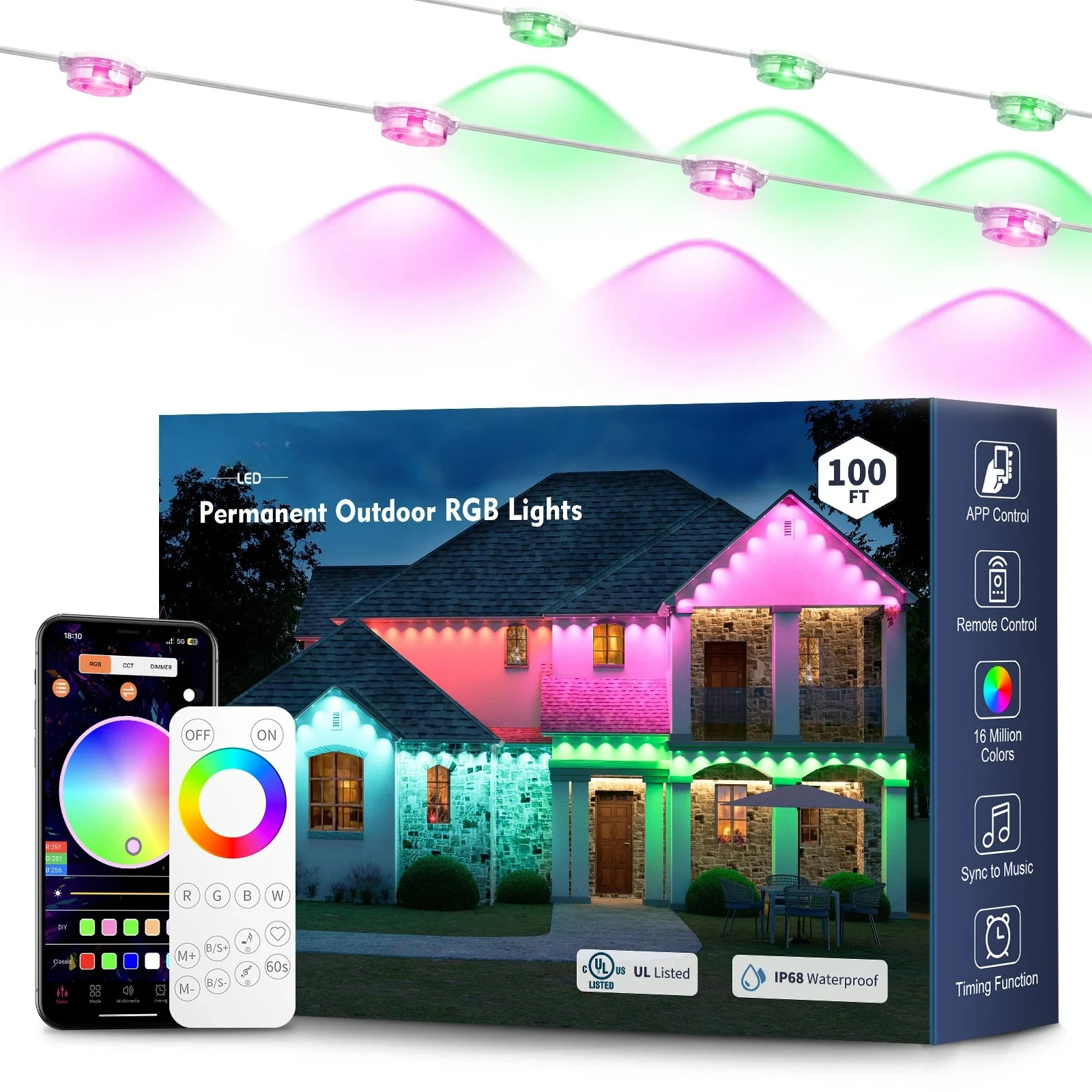 15 متر/30 متر/60 متر RGBIC الذكية الطنف ضوء مع التطبيق/التحكم عن بعد IP67 مقاوم للماء في الهواء الطلق سلسلة أضواء سقف المنزل حديقة الإضاءة
