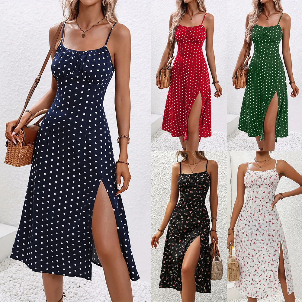 PYL HOT Womens Floral Printed Spaghetti High Slip Tank Midi Dresses Summer Party Gowns Ladies Holiday Beach Slim Fit Sundresses