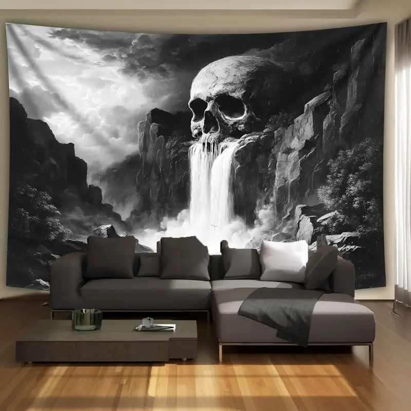 VIKAMA Black White Skull Waterfall Tapestry Dark Mountain Landscape Wall Hanging Gothic Aesthetic Bedroom Dorm Wall Decoration