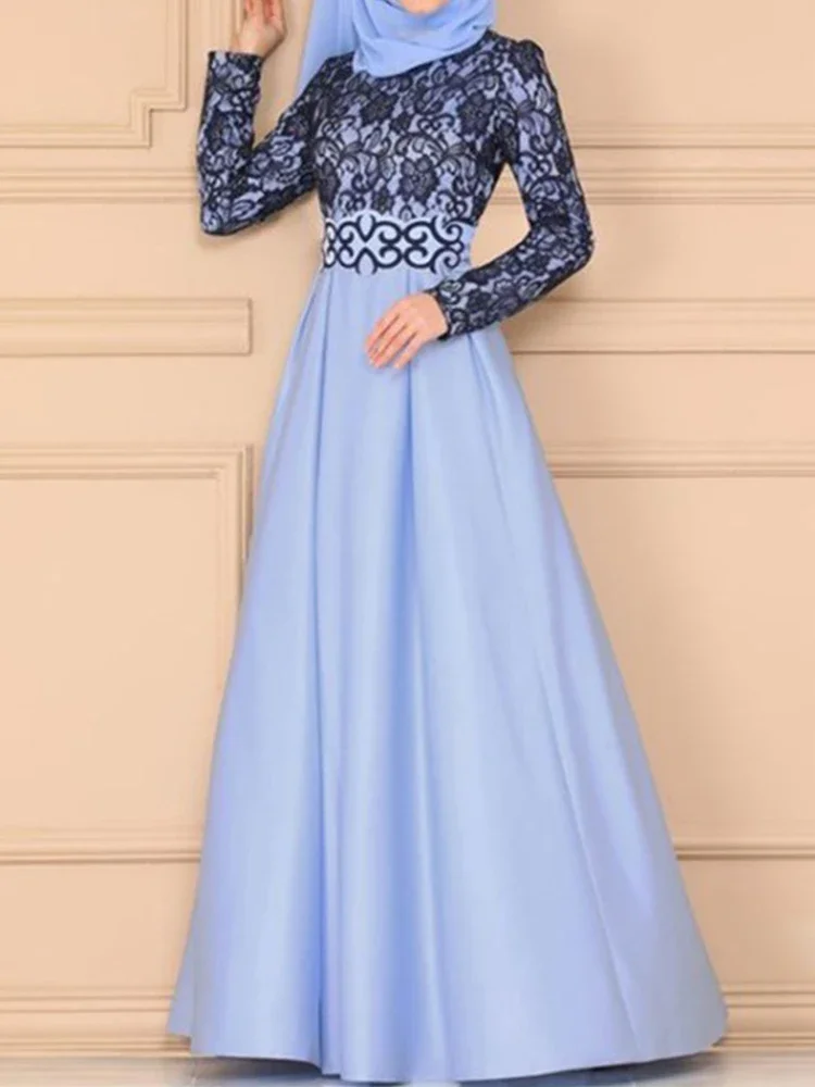 Islamitische islamitische islamitische damesjurken Traditionele bloemenpatroon Lange mouw Ronde hals Maxi Party Arabische jurk