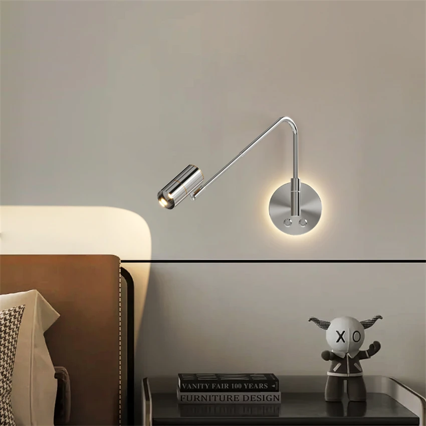 Silver glossy eye protection wall lamps for bedroom bedside reading wall sconces lights retractable folding rocker arm fixtures