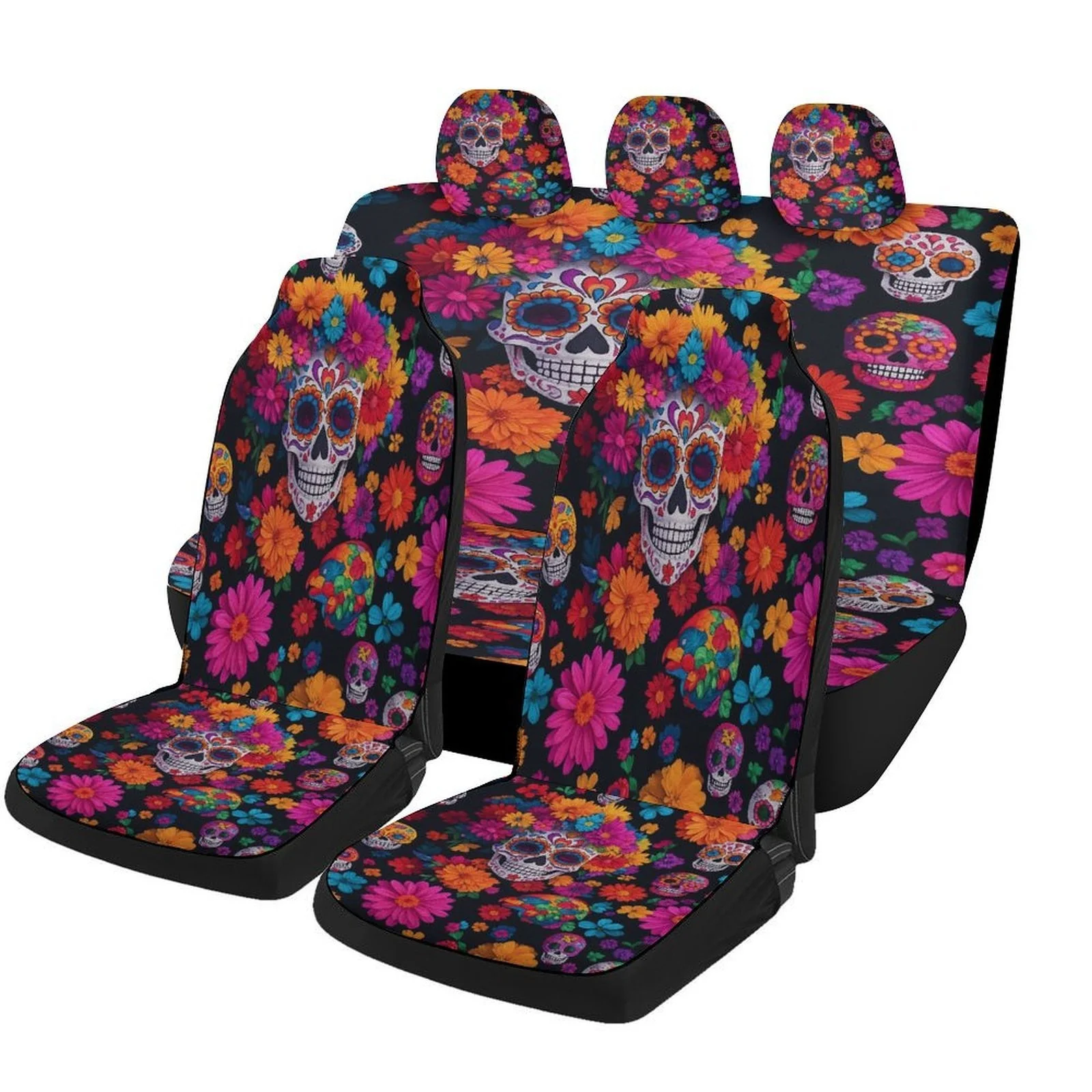 A Complete Set Of Car Seat Covers Featuring A Sugar Skull And Floral Design, Suitable For Most Vehicles. These Stylish, High-Qua
