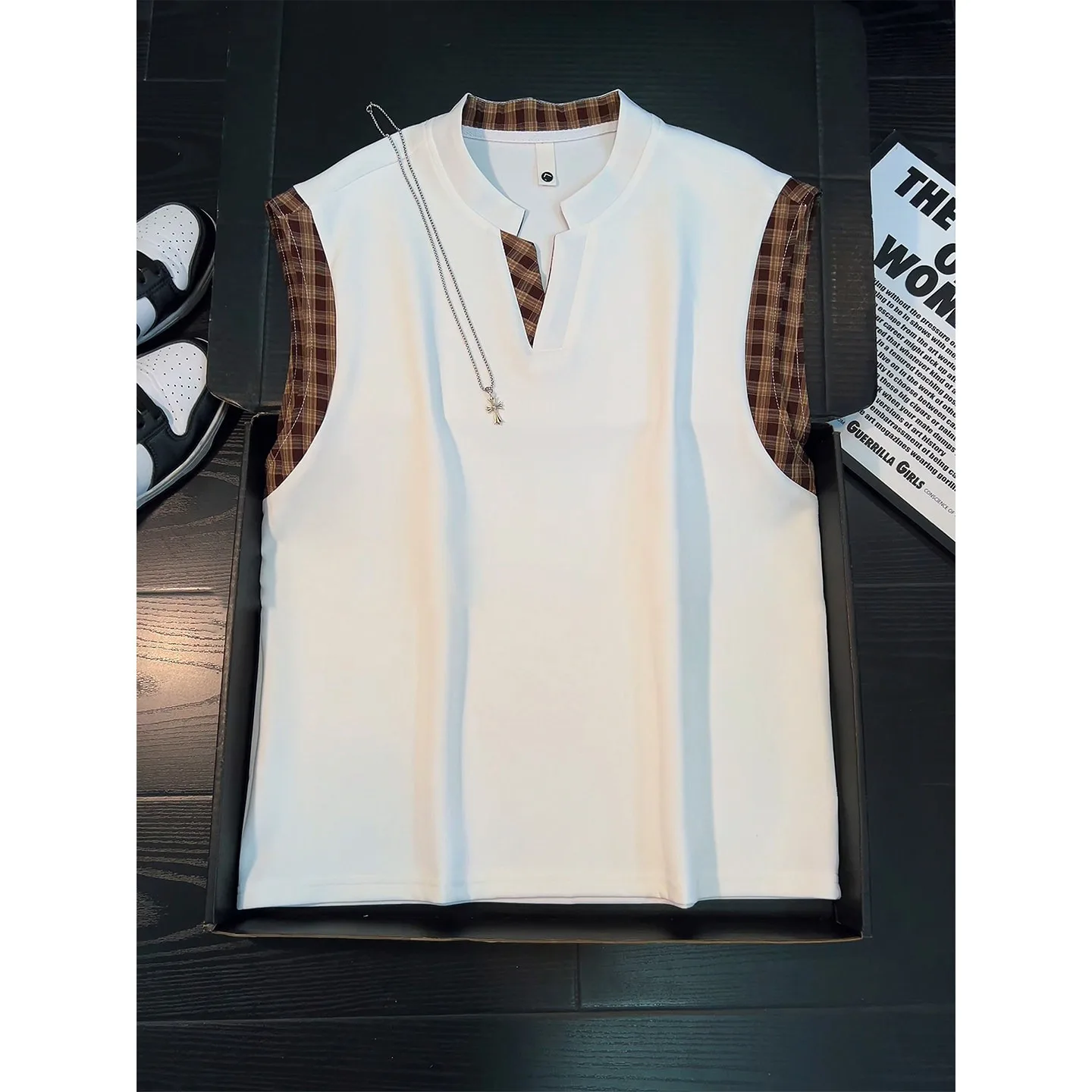 Fake two-piece spliced V-neck vest men's summer trendy brand heavyweight sleeveless T-shirt fitness shoulder