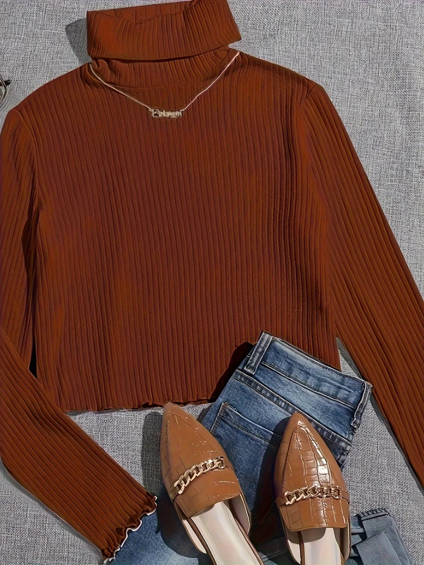 Vintage Caramel Ribbed Turtleneck Sweater Women Slim Fit Soft Stretch Long Sleeve Basic Layering Top