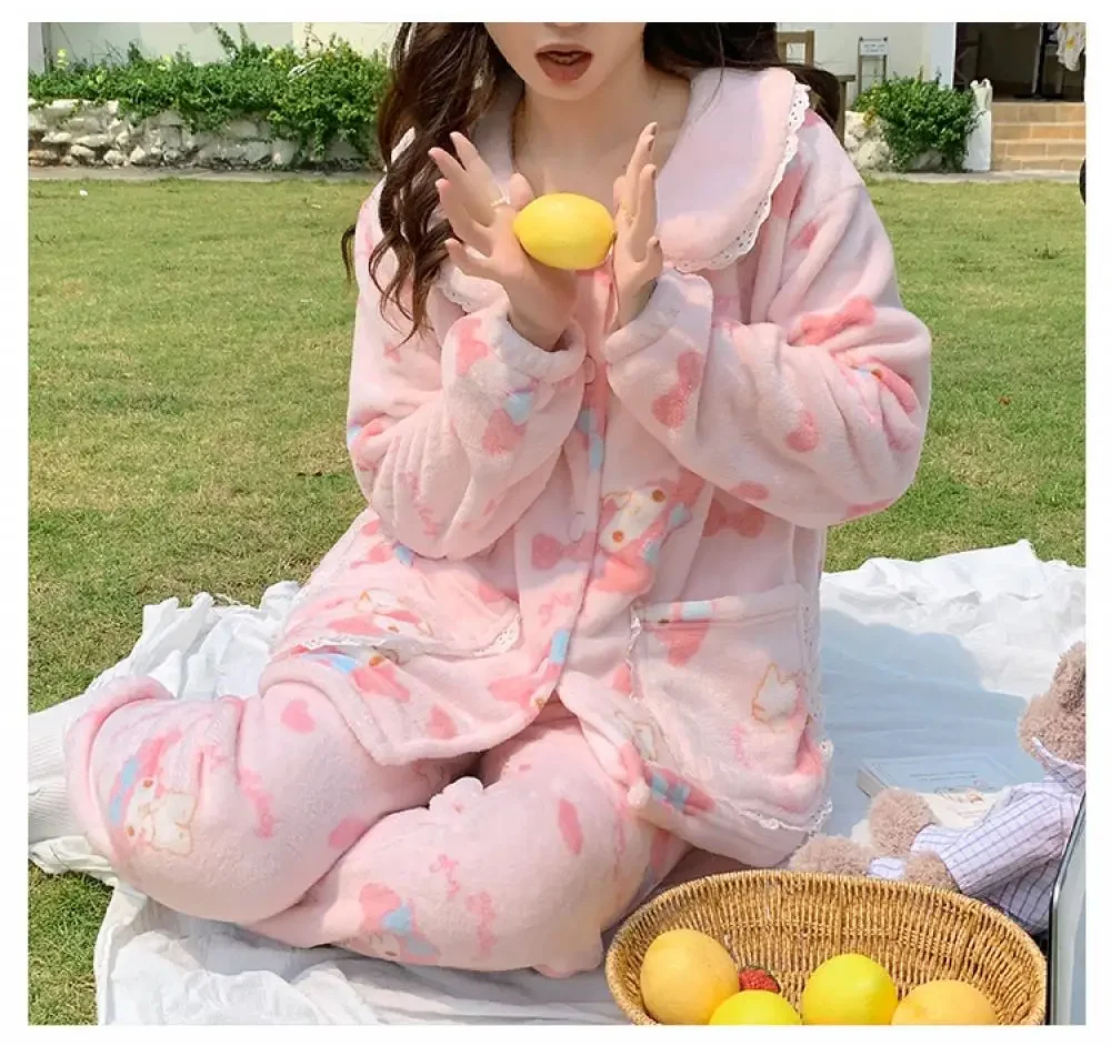 Sanrioed My Melody Pink Plush Pajamas Suit Home Clothes Coral Fleece Soft Kawaii Cardigan Tops Pants 2Pcs Set Women Sleepwear