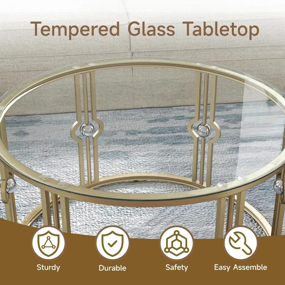 Round Tempered Glass Coffee Table - Gold Accents for Living Room and Office Use