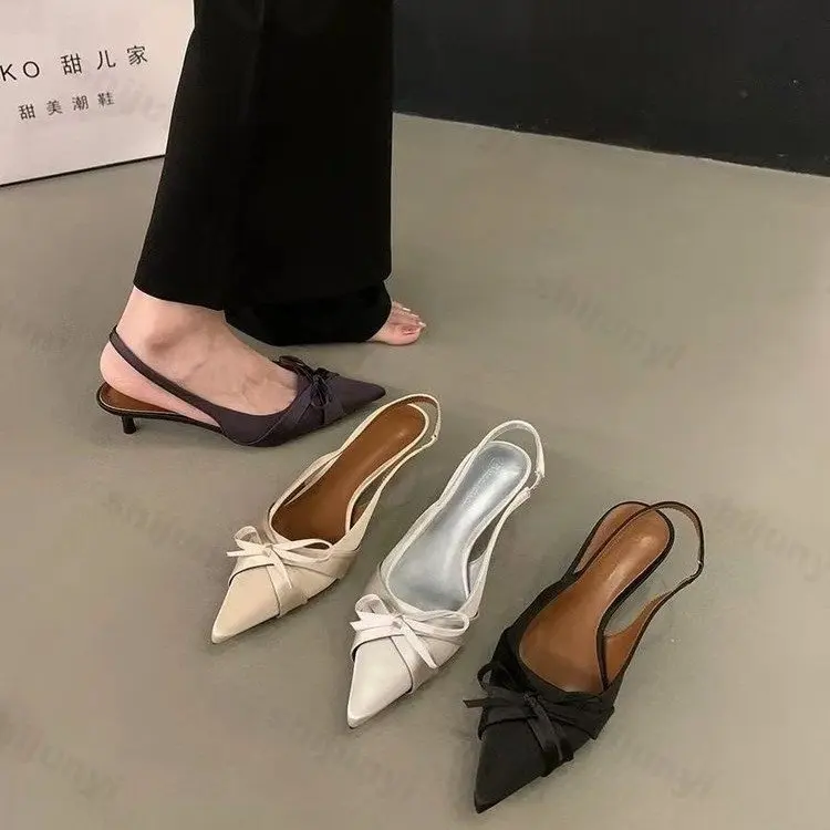 

2024 удобная женская обувь, сандалии, новые летние модные туфли на шпильке с бантом, женские туфли-лодочки на низком каблуке с острым носком, Zapatos De Mujer