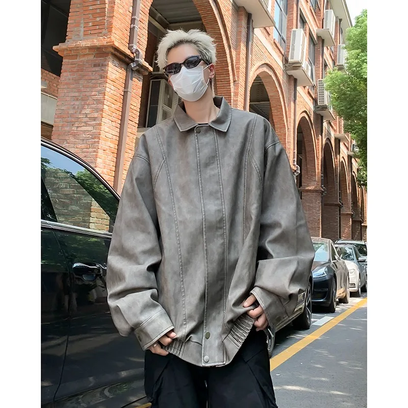 American Vintage Style Loose Fit PU Leather Jacket for Men New Spring 2026 Streetwear Fashion Faux Leather Jackets Men Clothing