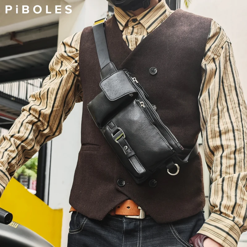 

Men's Genuine Leather Mobile Phone Fanny Pack Chest Bag Casual Head Layer Sheepskin Waist Bags Multi-functional Messenger Bag