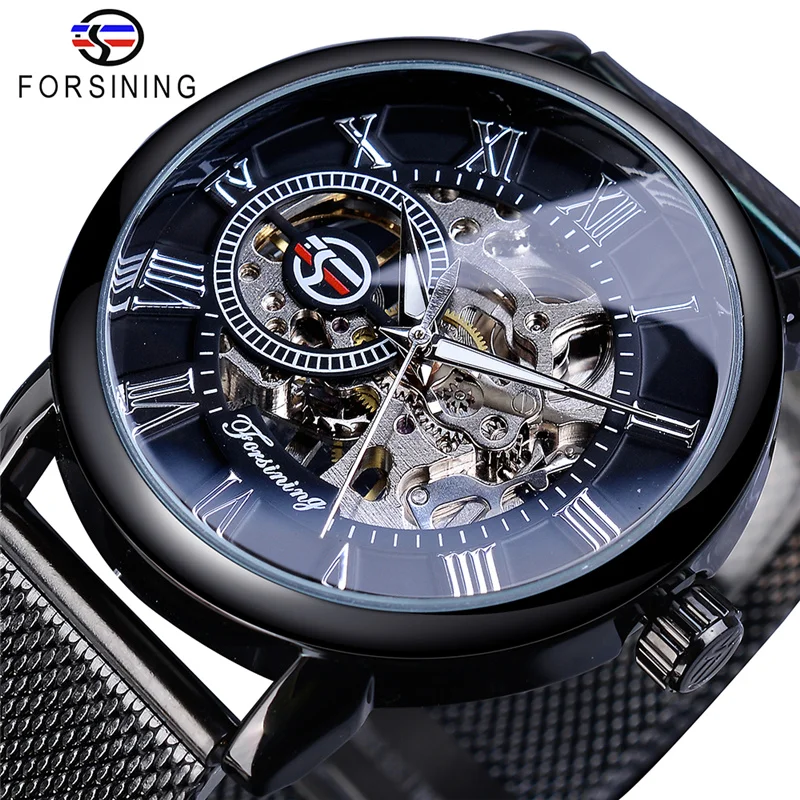 Forsining 99C Design Black Silver Automatic Manual Winding Watch Steel Clock Luminous Men Business Mechanical Wristwatch