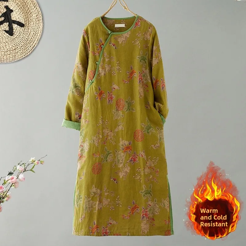 

Элитное зимнее платье-ципао в китайском стиле с принтом «Двойное счастье», из хлопка и льна, асимметричное, длинное, с эффектом омоложения