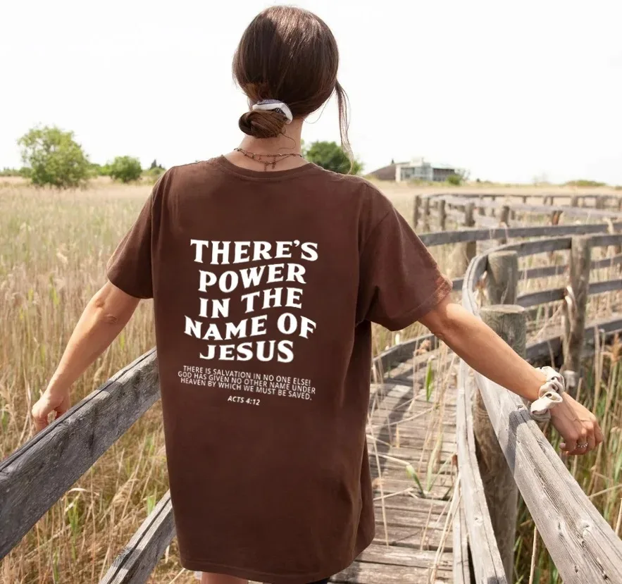 Jesus Saves There\'s Power in the Name of Jesus Oversized T-Shirt Christian Loose Tee Women Trendy Casual Cotton Aesthetic Top