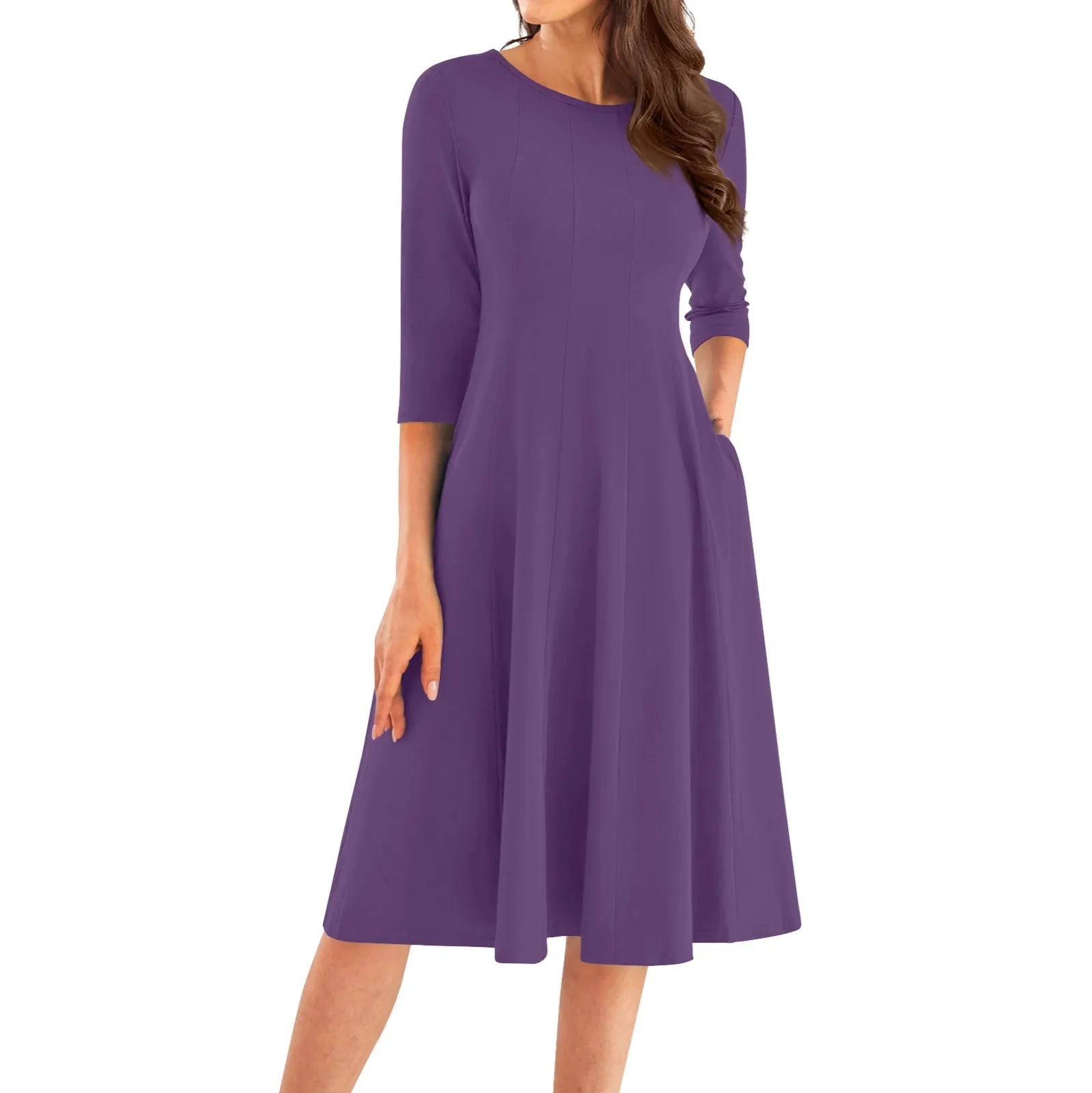 Women'S Casual Fashion Round Neck Three Quarter Sleeve Solid Color Midi Dress Vestidos Largos De Mujer платье женское 2024