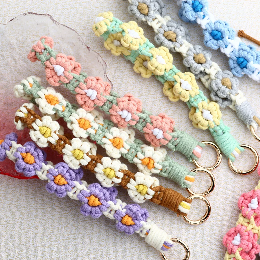 Hand Weave Flowers Wrist Lanyard For Mobile Phone Wristlet Keychain Hanging Strap Keyring Floral Daisy Floral Phone Rope